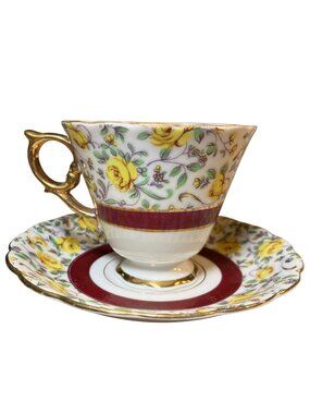 Fine China Floral Tea Cup and Saucer With Yellow Roses Burgundy Accents Vintage